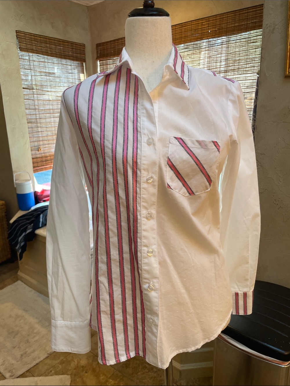 Finley White Button-Down Shirt with Pink and Black Stripes